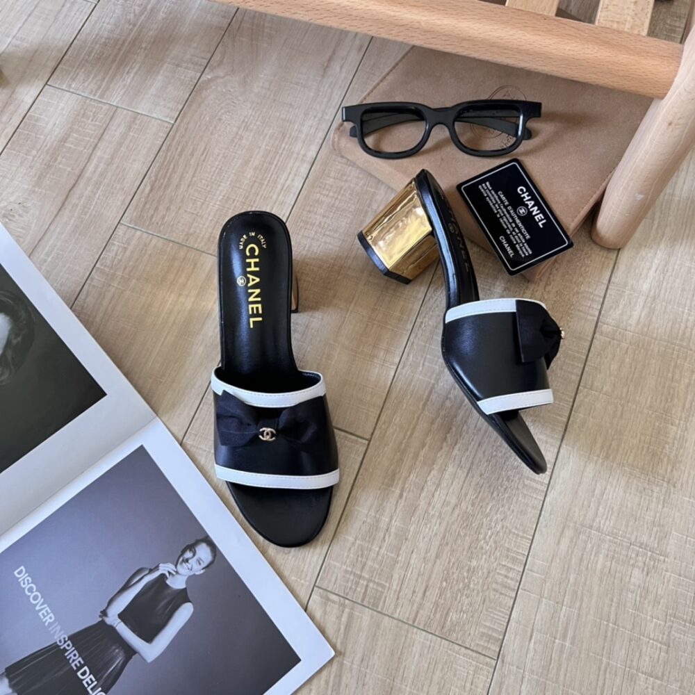 CHANEL GROSGRAIN RIBBON BOW MULE LEATHER GOLD BLACK - Image 5