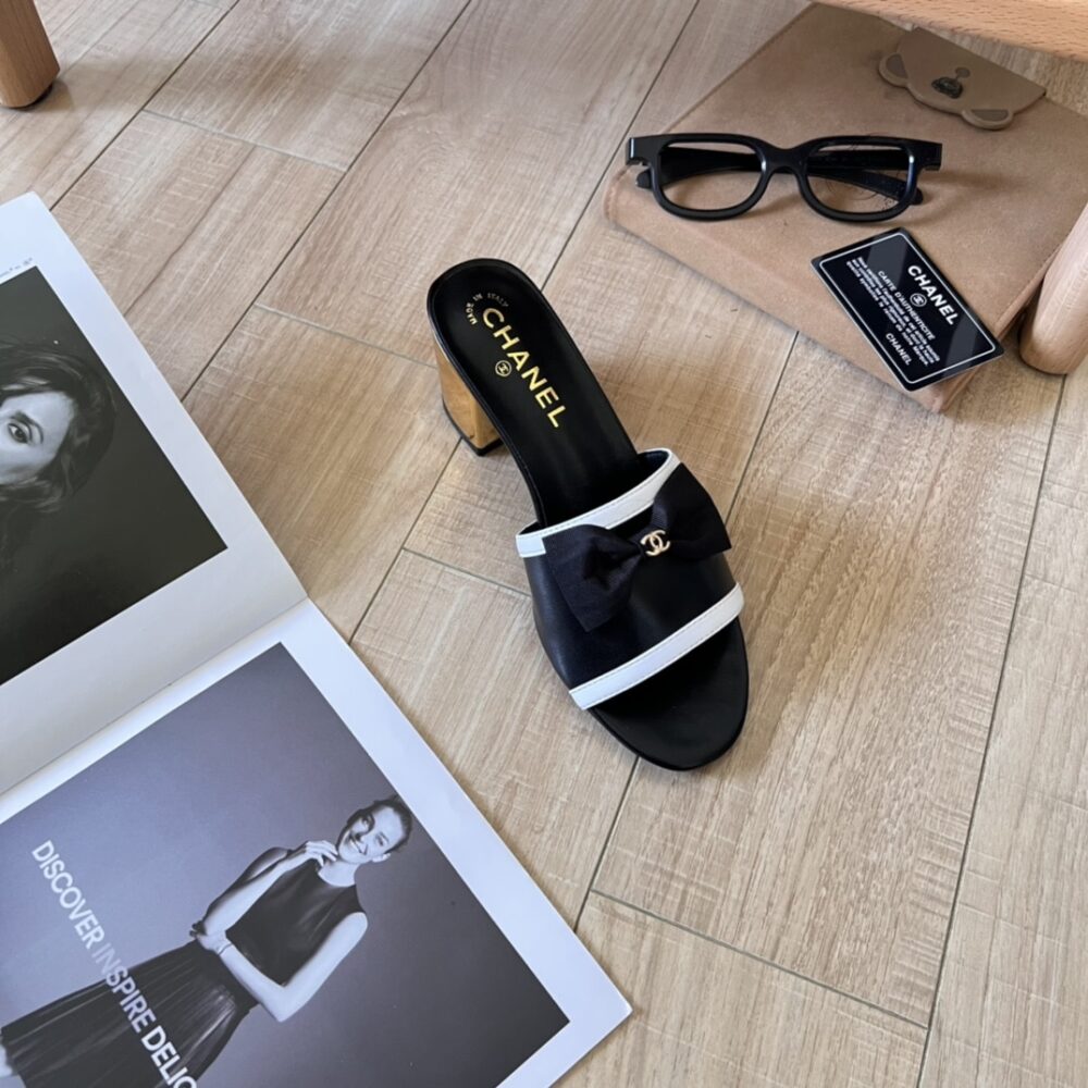 CHANEL GROSGRAIN RIBBON BOW MULE LEATHER GOLD BLACK - Image 6