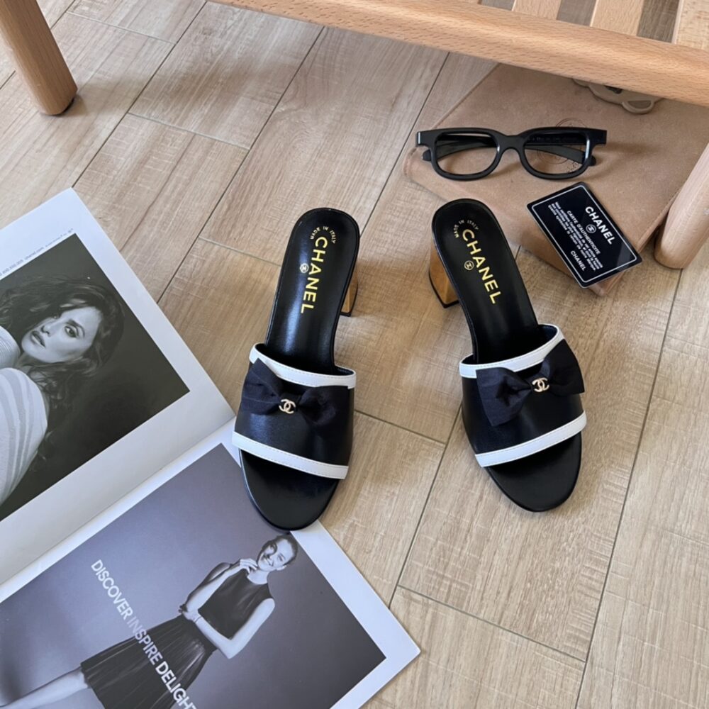 CHANEL GROSGRAIN RIBBON BOW MULE LEATHER GOLD BLACK - Image 7