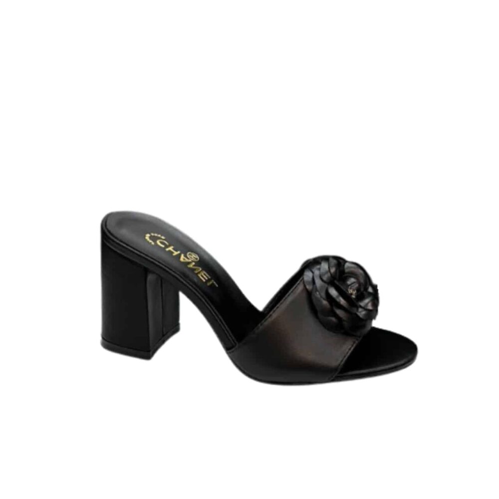 CHANEL CAMELLIA MEDIUM HEEL SLIPPERS BLACK