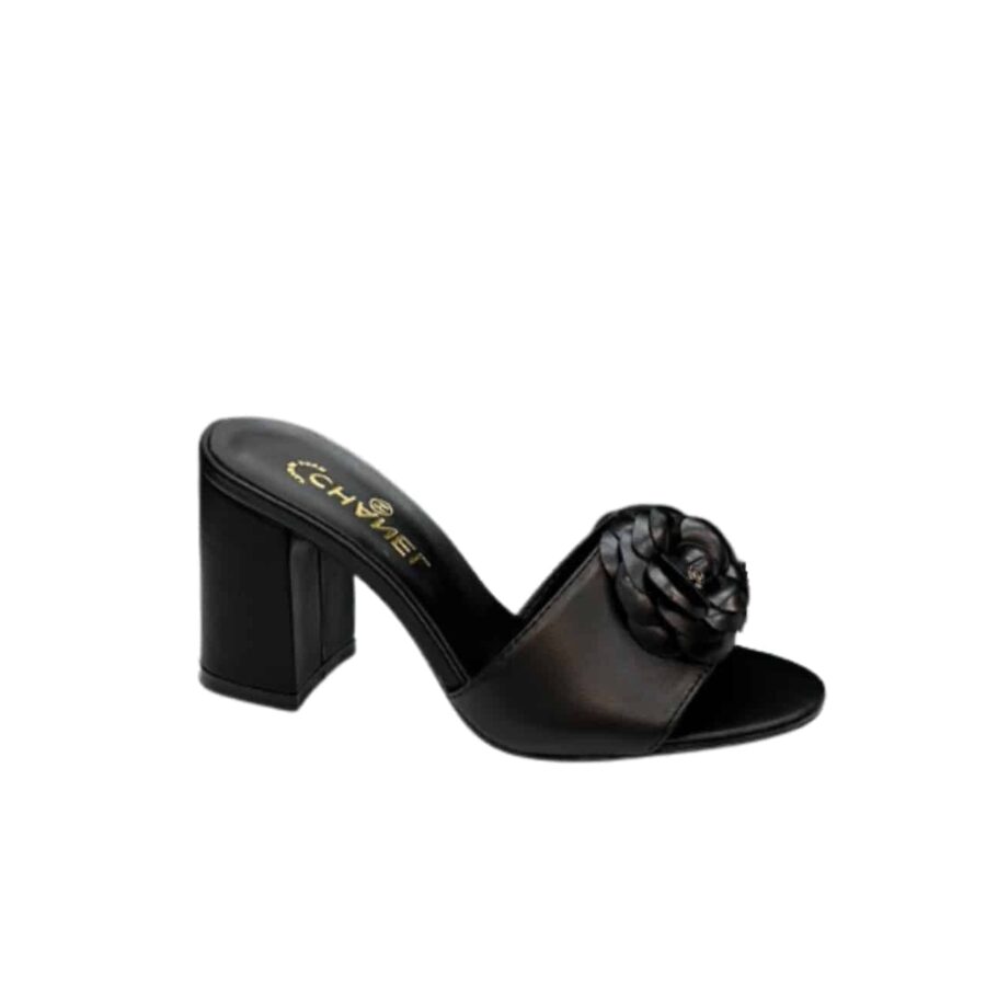CHANEL CAMELLIA MEDIUM HEEL SLIPPERS BLACK