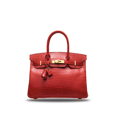 HERMES A SHINY SANGUINE POROSUS CROCODILE BIRKIN 30 WITH GOLD HARDWARE RED 30CM