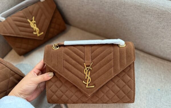 SAINT LAURENT ENVELOPE MEDIUM MATELASSÉ SUEDE SHOULDER BAG BROWN 24CM - Image 2
