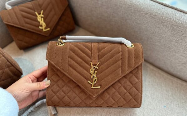 SAINT LAURENT ENVELOPE MEDIUM MATELASSÉ SUEDE SHOULDER BAG BROWN 24CM - Image 3