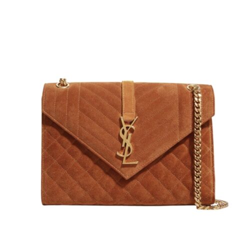 Saint Laurent Envelope Medium Matelassé Suede Shoulder Bag Brown 24Cm