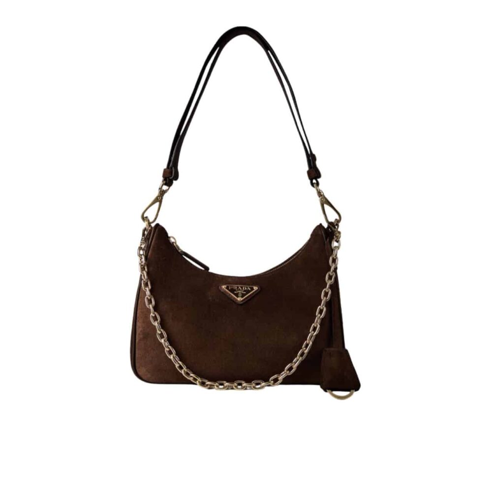 PRADA RE EDITION MINI SUEDE SHOULDER BAG DARK BROWN 28CM