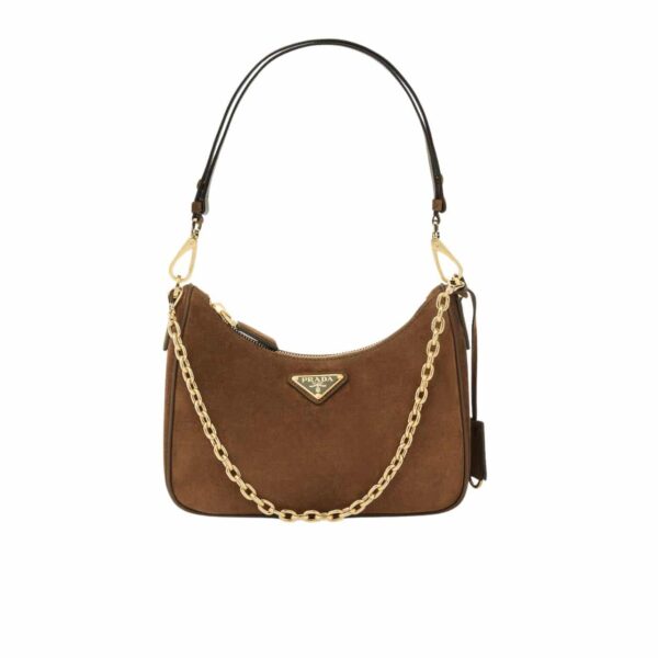 PRADA RE EDITION MINI SUEDE SHOULDER BAG BROWN 28CM