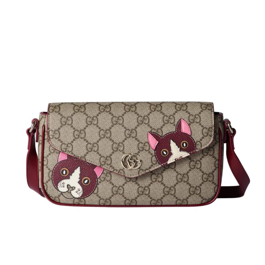 GUCCI GG MINI SHOULDER BAG WITH CAT DETAIL BEIGE AND DARK BROWN 22CM