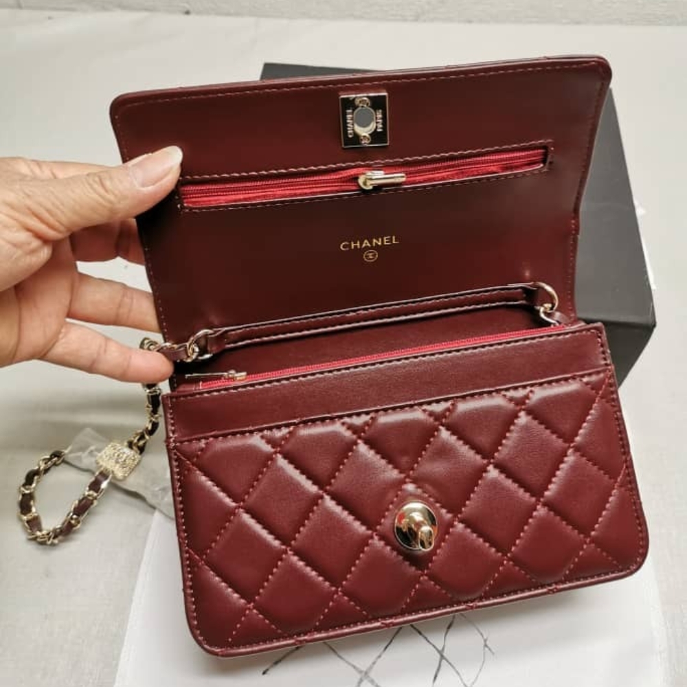CHANEL WALLET ON CHAIN WITH DIAMOND BURGUNDY 20CM AP4299 B18216 NZV44 - Image 5