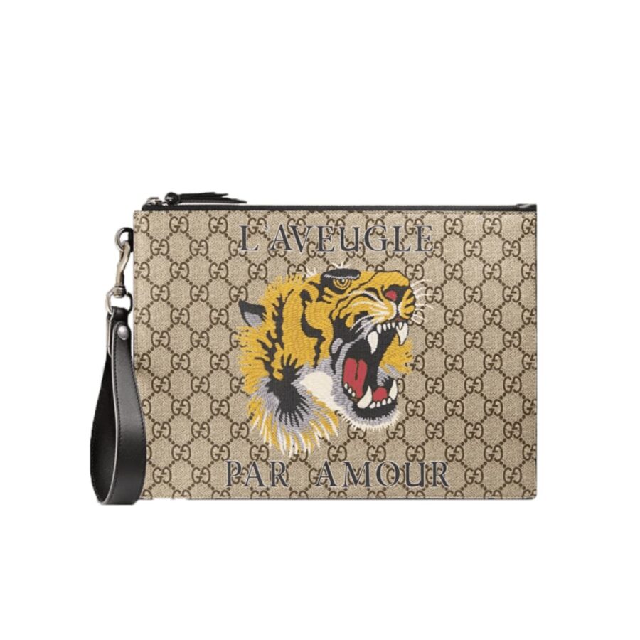 GUCCI BESTIARY POUCH WITH TIGER BEIGE 29CM