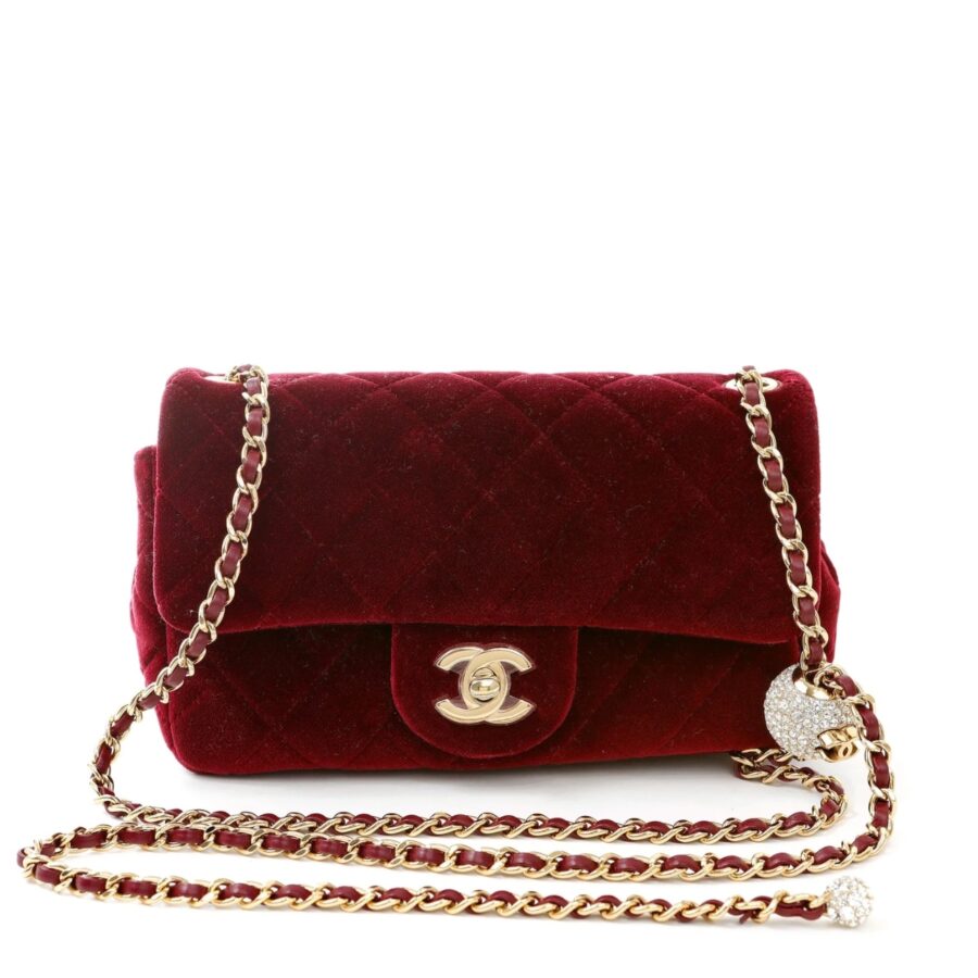 CHANEL VELVET PEARL CRUSH MINI FLAP BAG BURGUNDY 20CM