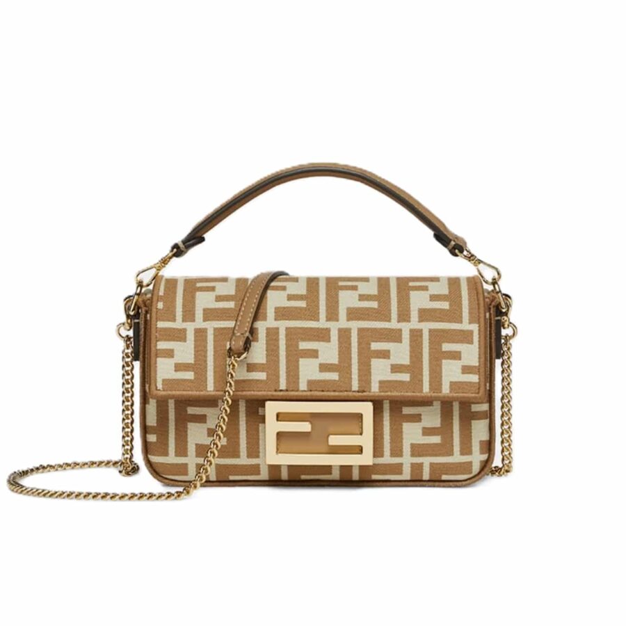 FENDI BAGUETTE MINI FF JACQUARD FABRIC BAG BEIGE 21CM