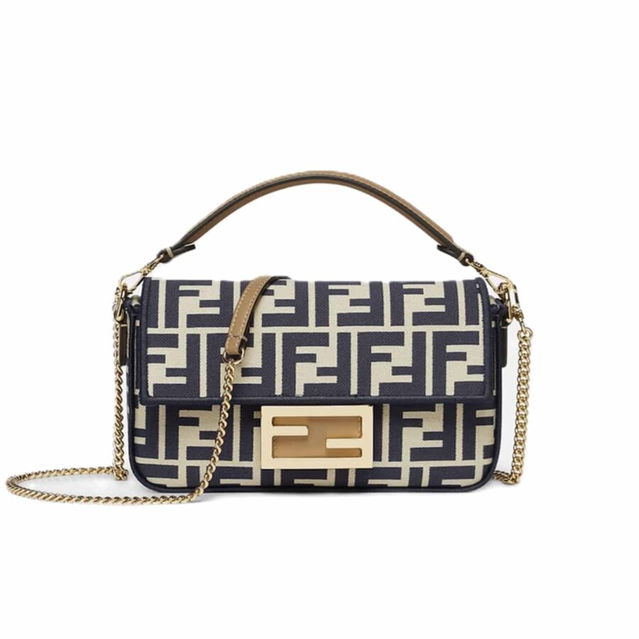 FENDI BAGUETTE MINI FF JACQUARD FABRIC BAG BLACK 21CM