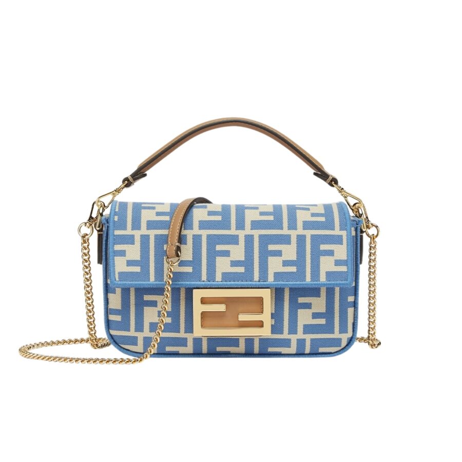 FENDI BAGUETTE MINI FF JACQUARD FABRIC BAG BLUE 21CM