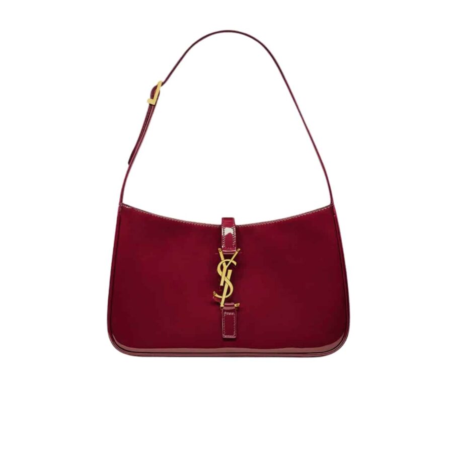 SAINT LAURENT LE 5 A 7 PATENT HOBO BAG IN SHINY LEATHER WINE RED 25CM
