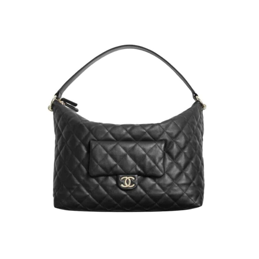 CHANEL MAXI SIZE HOBO BAG BLACK LEATHER AND GOLD TONE METAL BLACK 27CM AS4339 B13833 94305