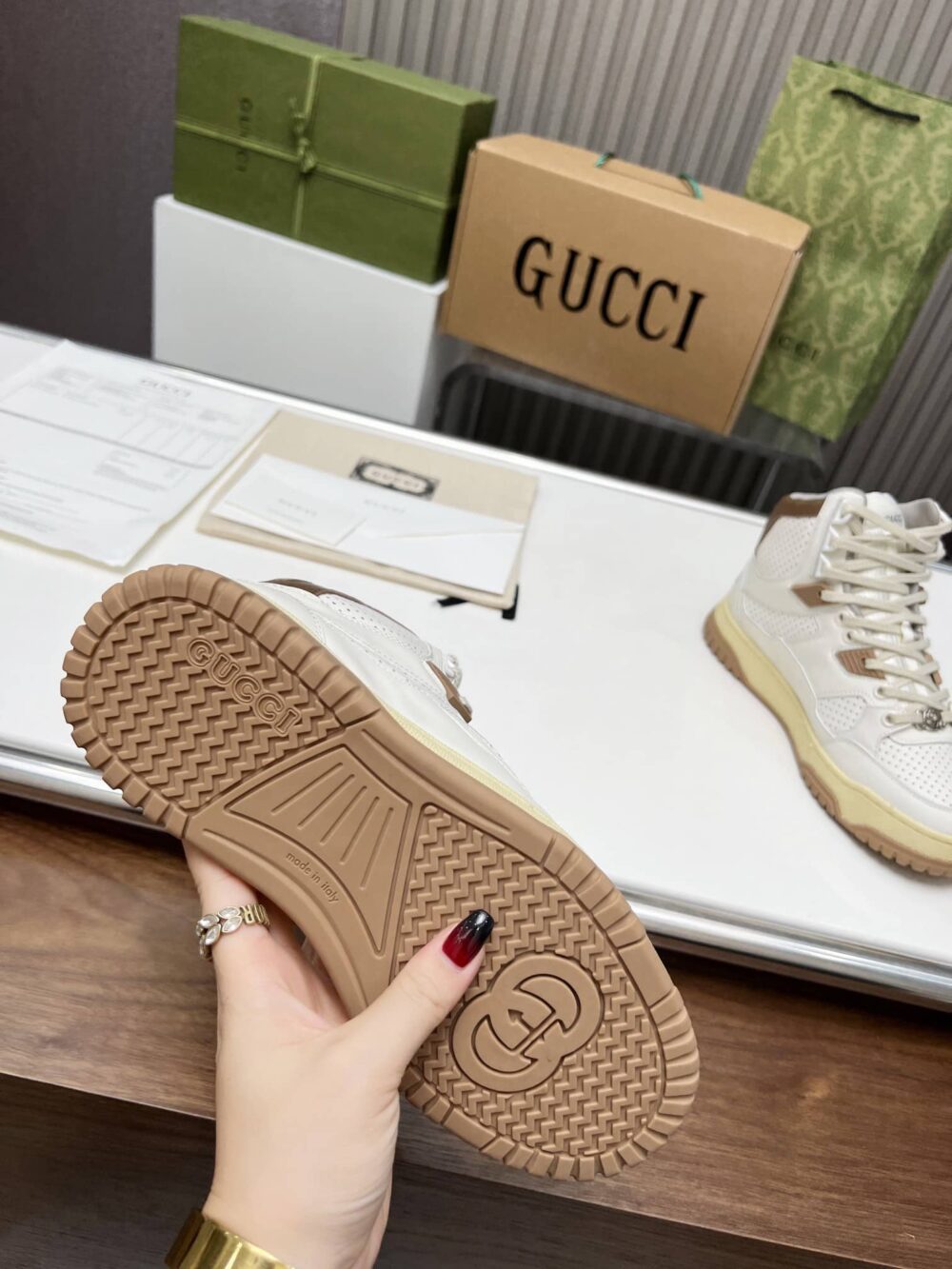 GUCCI WOMEN'S HIGH TOP DISTRESSED EFFECT SNEAKER BROWN - Image 2