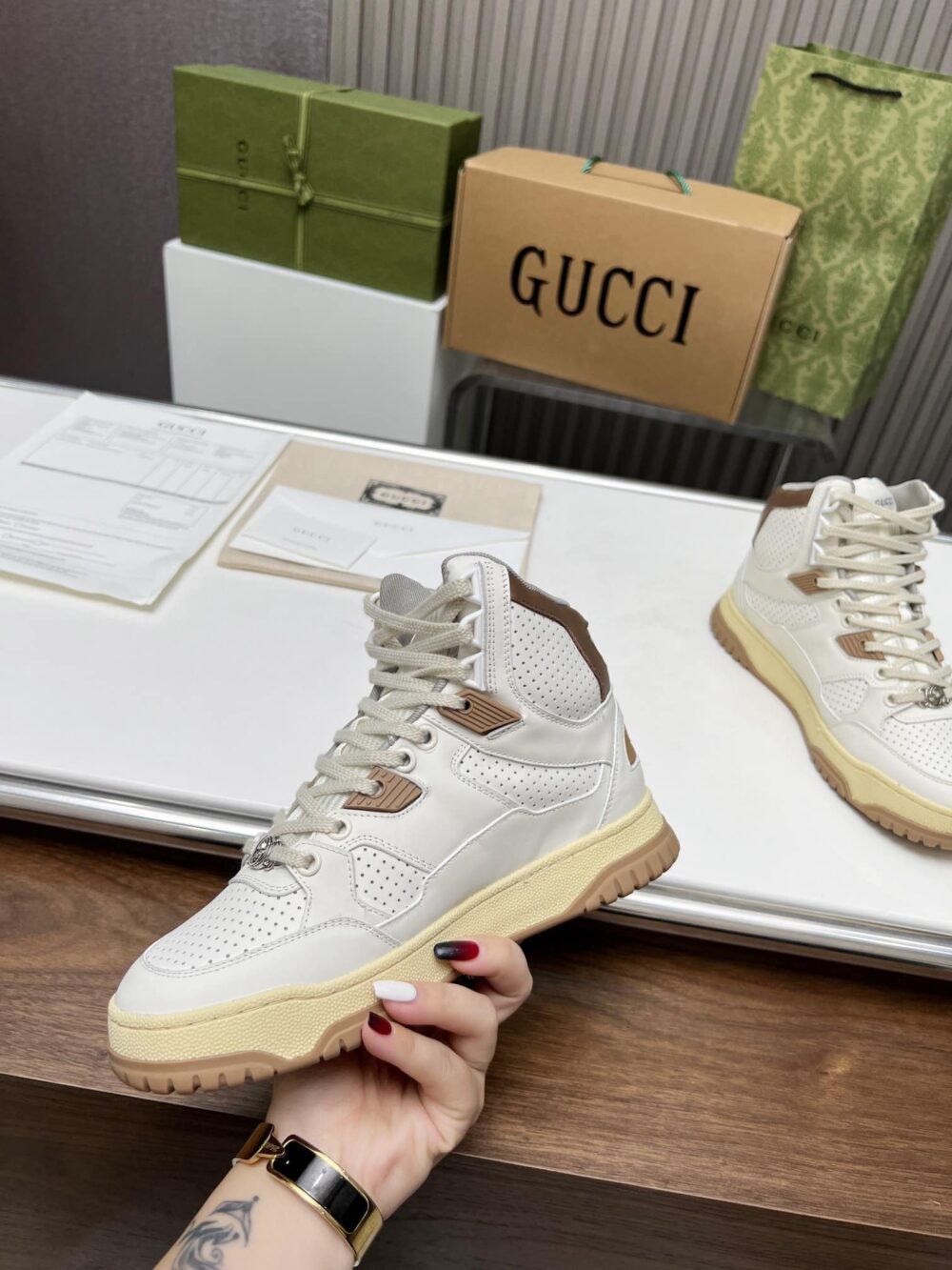 GUCCI WOMEN'S HIGH TOP DISTRESSED EFFECT SNEAKER BROWN - Image 3