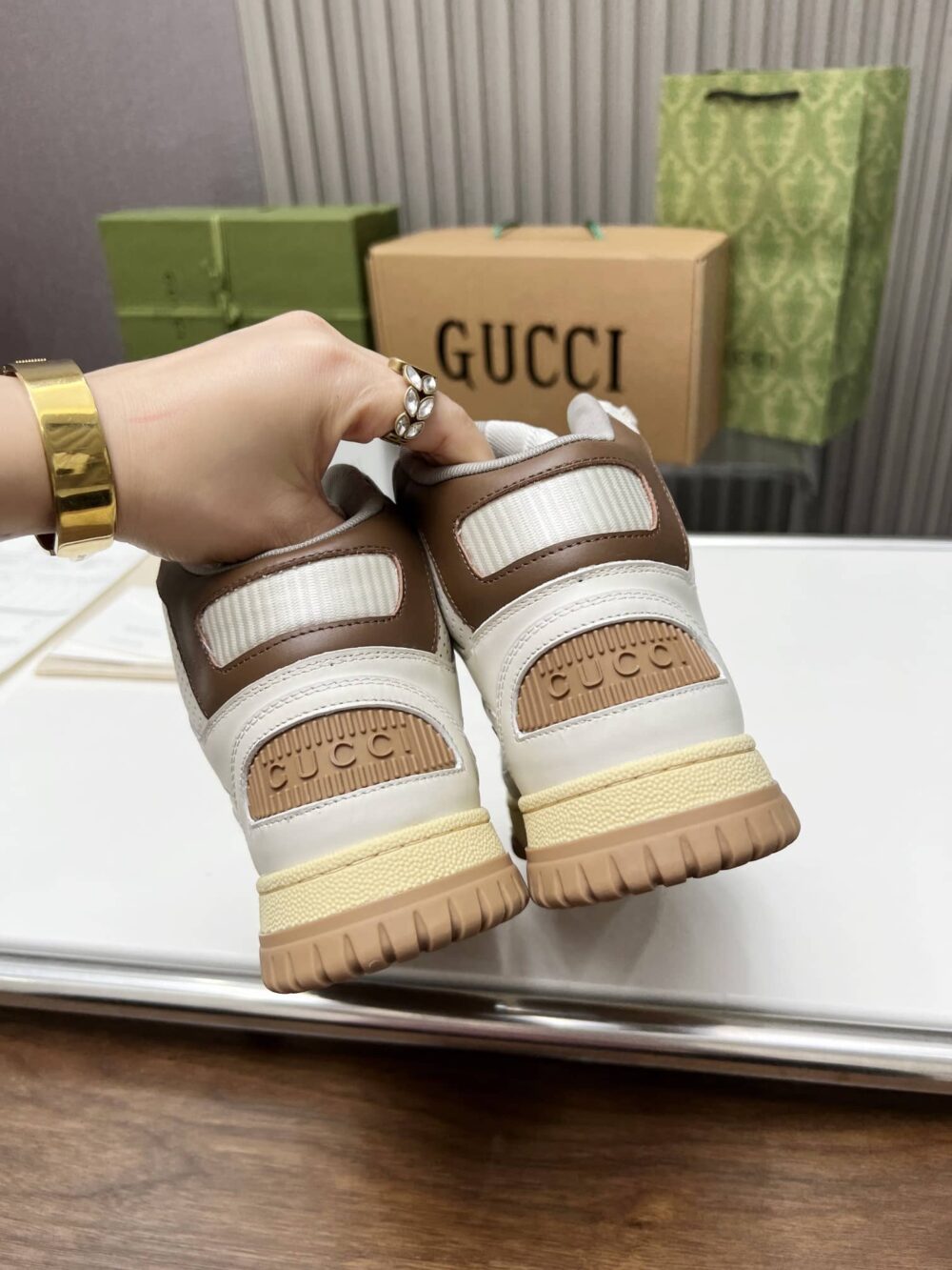 GUCCI WOMEN'S HIGH TOP DISTRESSED EFFECT SNEAKER BROWN - Image 5
