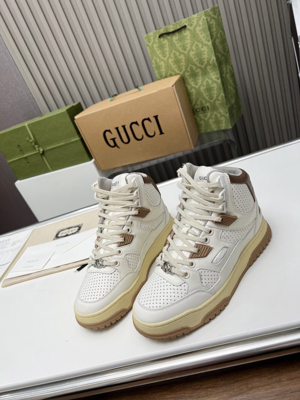 GUCCI WOMEN'S HIGH TOP DISTRESSED EFFECT SNEAKER BROWN - Image 7