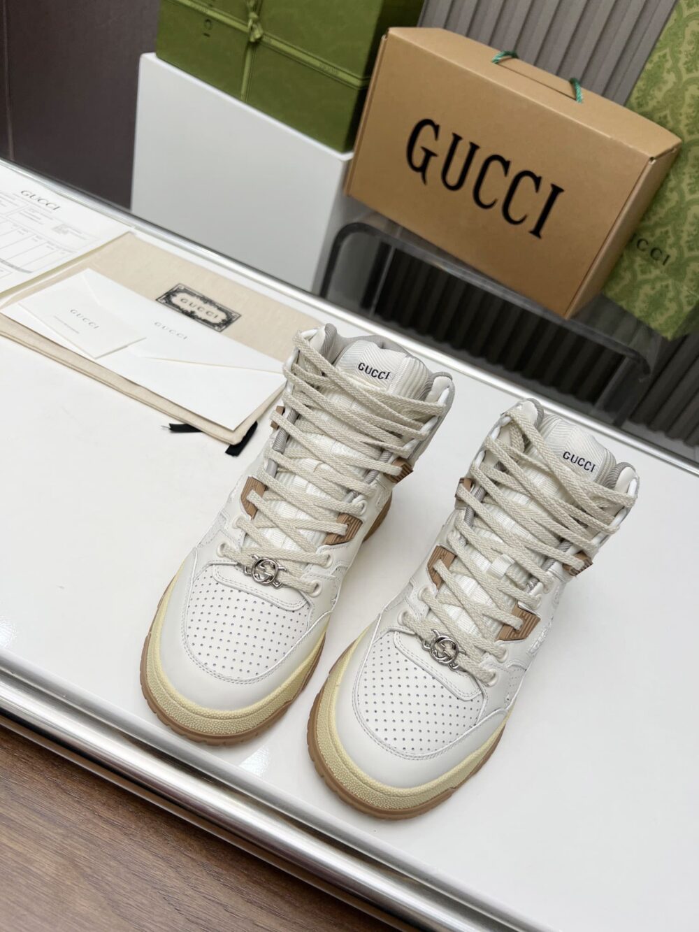 GUCCI WOMEN'S HIGH TOP DISTRESSED EFFECT SNEAKER BROWN - Image 9