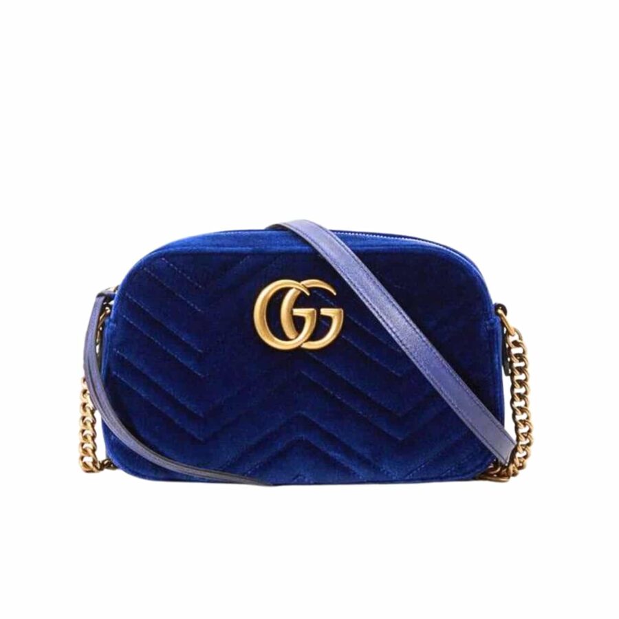GUCCI SMALL GG MARMONT CAMERA BAG VELVET DARK BLUE 23CM