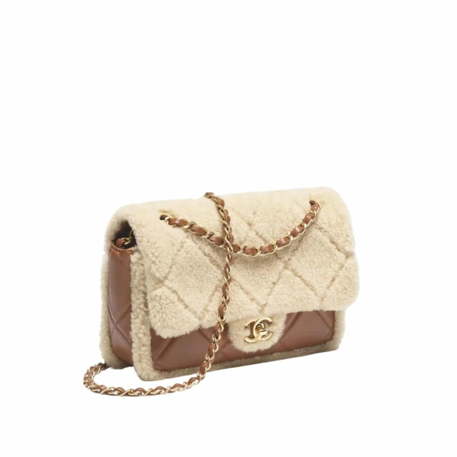 CHANEL FLAP BAG SHEARLING BEIGE AND BROWN 23CM AS5149 B18194 NZW48