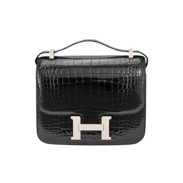 HERMÈS MINI CONSTANCE 19 SHINY ALLIGATOR PALLADIUM HARDWARE BLACK 19CM