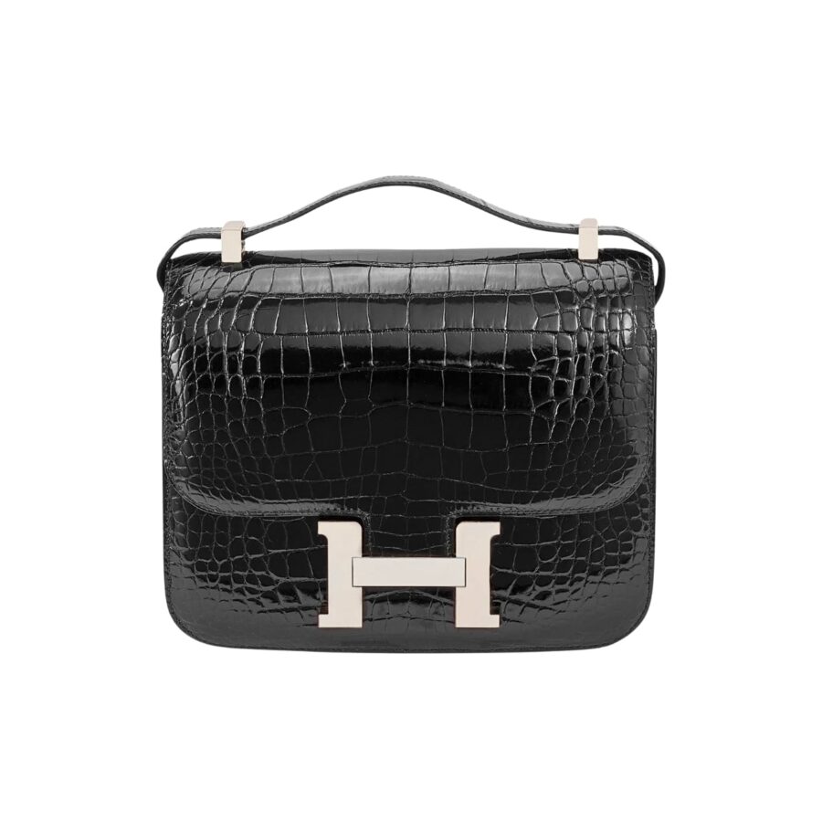 HERMÈS MINI CONSTANCE 19 SHINY ALLIGATOR PALLADIUM HARDWARE BLACK 19CM