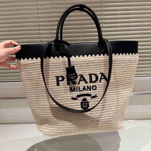 Alternative view of Prada Crochet And Leather Tote Bag Tan And Black 33Cm 1Bg499 2M2Q F0I55 V Goo