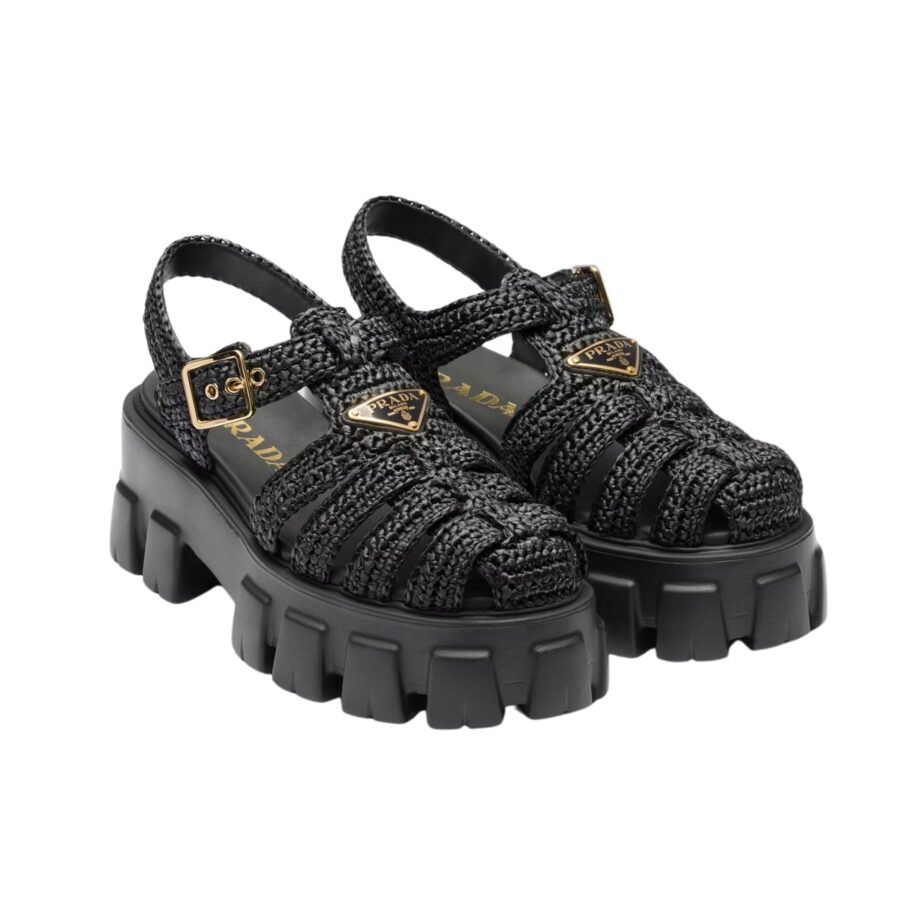 PRADA MONOLITH CROCHET CAGE SANDALS BLACK 1X138N 3L8W F0002 F 055