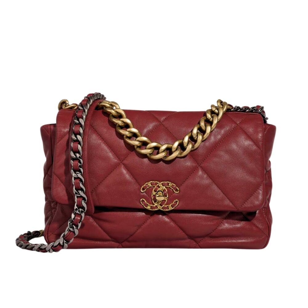 CHANEL 19 FLAP BAG SHINY CRUMPLED LEATHER BURGUNDY 22CM