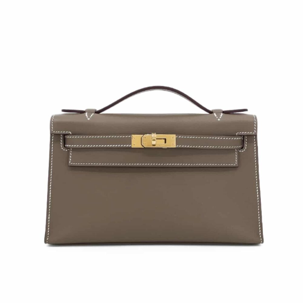 HERMES MINI KELLY POCHETTE GOLD TONED HARDWARE DARK BEIGE 22CM