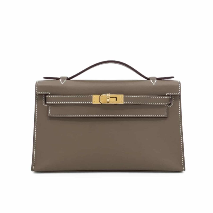 HERMES MINI KELLY POCHETTE GOLD TONED HARDWARE DARK BEIGE 22CM