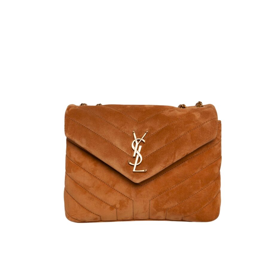 SAINT LAURENT CINNAMON LOULOU SMALL CHAIN BAG IN SUEDE BROWN 23CM