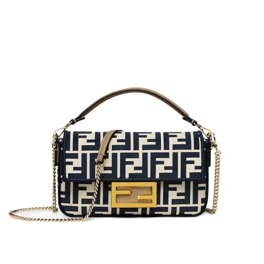 Fendi Baguette Mini FF Jacquard Fabric Bag Navy Blue 21Cm