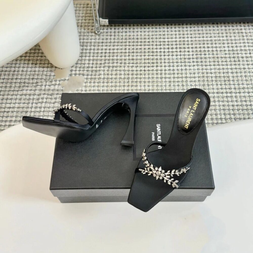 SAINT LAURENT LIZ MULES IN SATIN AND RHINESTONES BLACK - Image 5