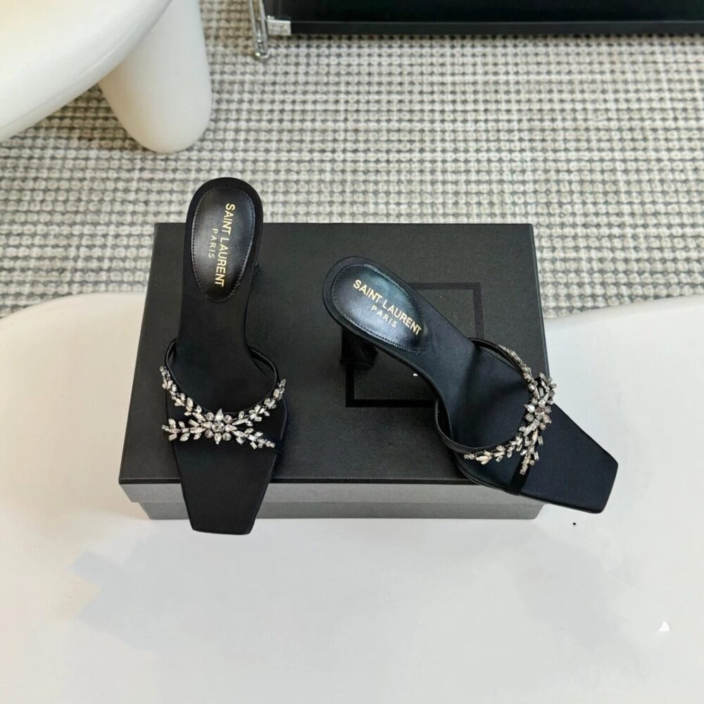 SAINT LAURENT LIZ MULES IN SATIN AND RHINESTONES BLACK - Image 4