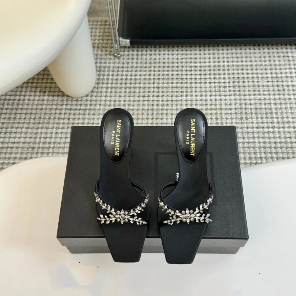 SAINT LAURENT LIZ MULES IN SATIN AND RHINESTONES BLACK - Image 2