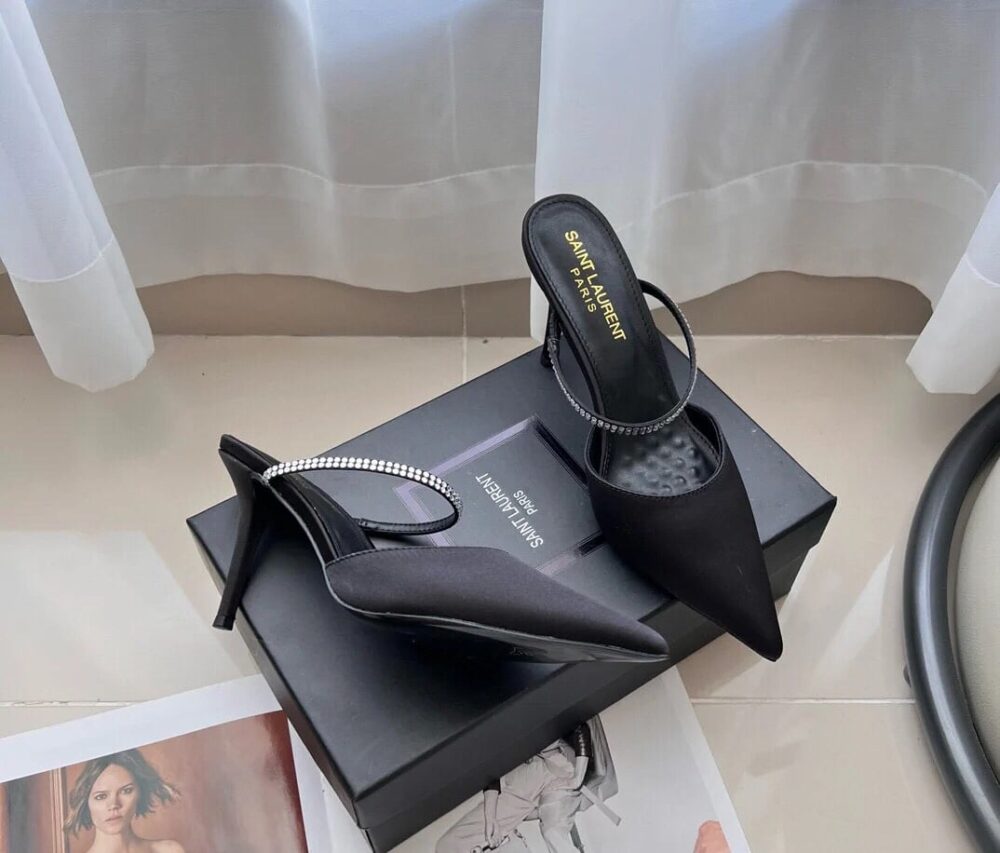 SAINT LAURENT BARBARA MULES SATIN AND RHINESTONES IN BLACK 7997159QN0A1021 - Image 2