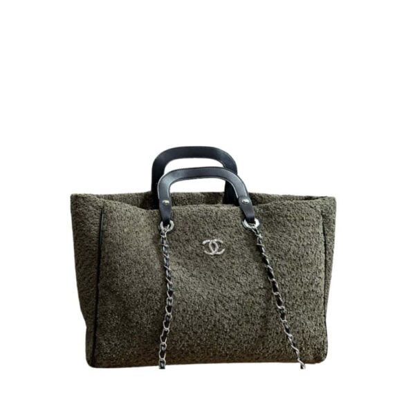 CHANEL DEAUVILLE LARGE TOTE SHOPPING BAG CRUMPLED SHEARLING GREY 40CM