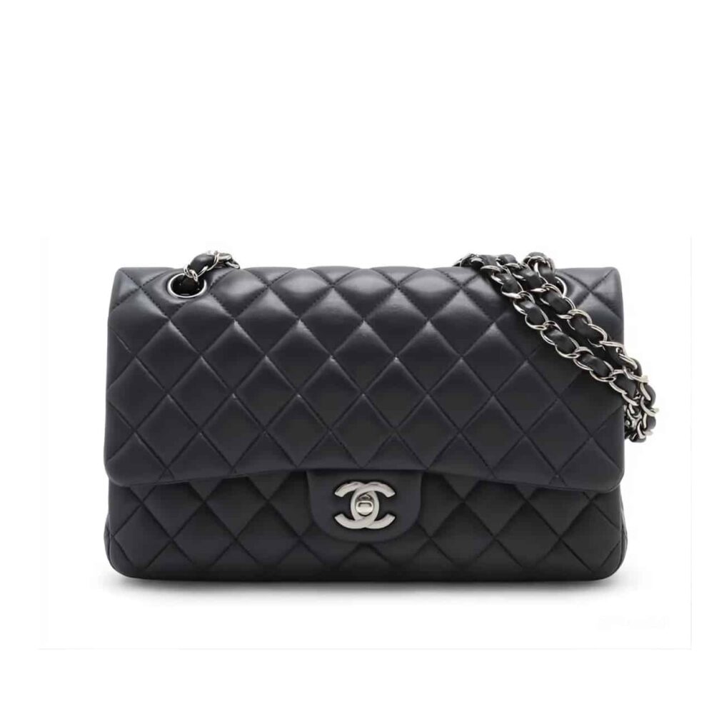 CHANEL SMALL CLASSIC FLAP BAG BLACK LEATHER WITH SILVER HARDARE 25CM A01113 Y01480 94305