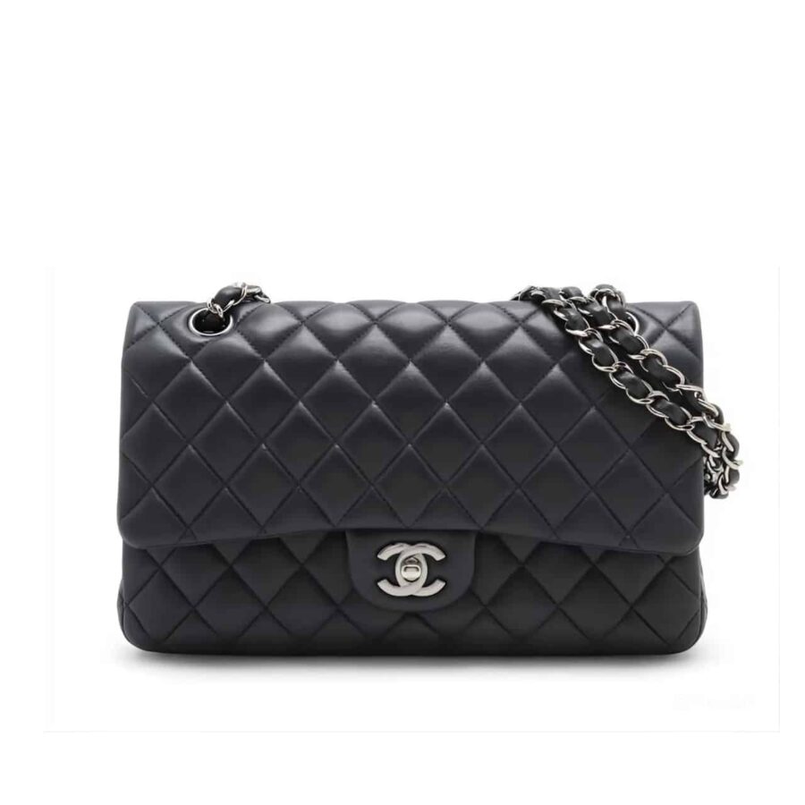 CHANEL SMALL CLASSIC FLAP BAG BLACK LEATHER WITH SILVER HARDARE 25CM A01113 Y01480 94305