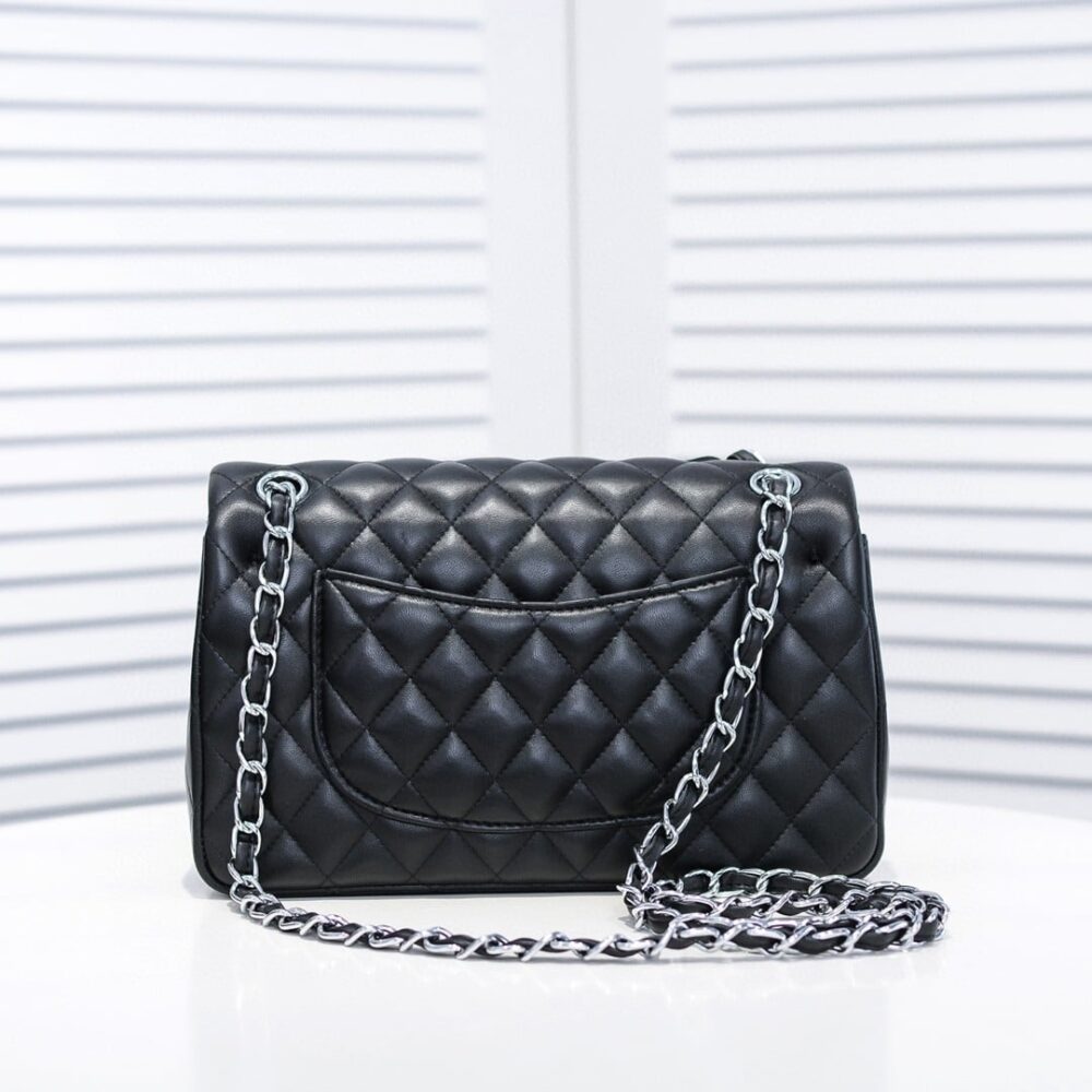 CHANEL SMALL CLASSIC FLAP BAG BLACK LEATHER WITH SILVER HARDARE 25CM A01113 Y01480 94305 - Image 4