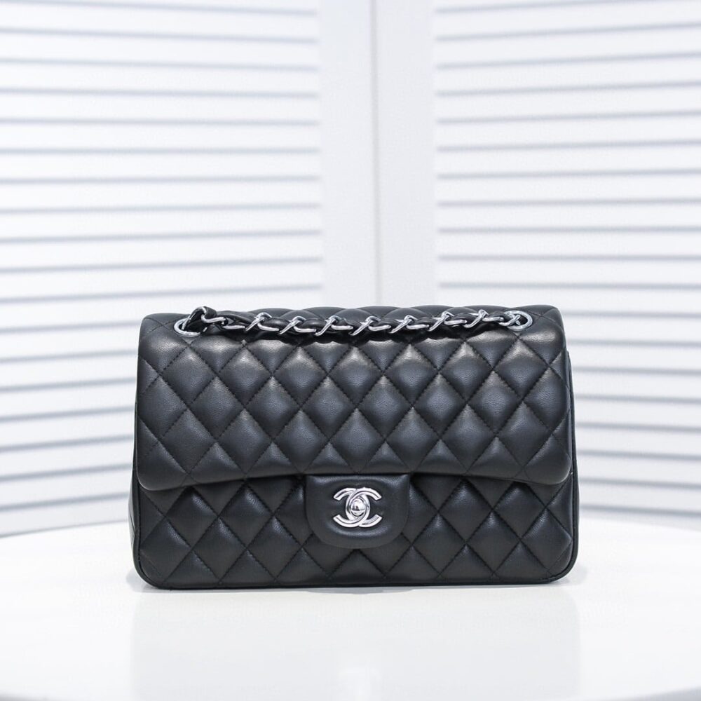 CHANEL SMALL CLASSIC FLAP BAG BLACK LEATHER WITH SILVER HARDARE 25CM A01113 Y01480 94305 - Image 2