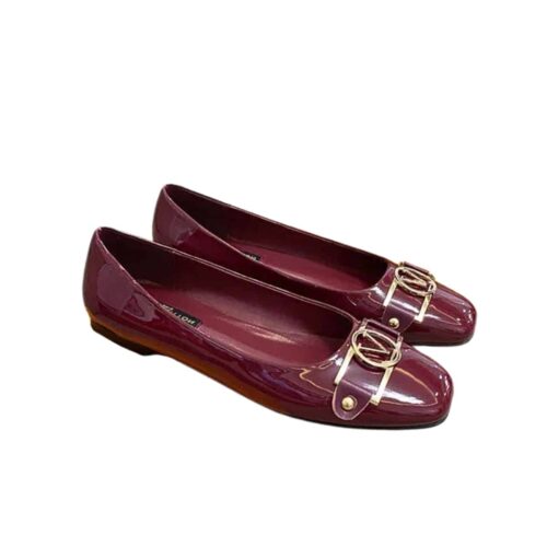 Louis Vuitton Signature Lv Logo Shiny Wine Red Ballerina