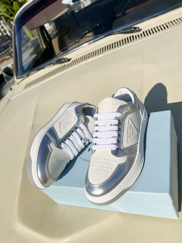 PRADA DISTRICT PERFORATED LEATHER SNEAKERS SLIVER - Image 5