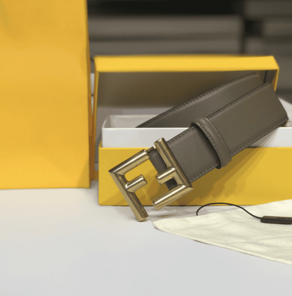 FENDI GREY LEATHER BELT WITH FF GOLD BUCKLE 40MM - Image 2