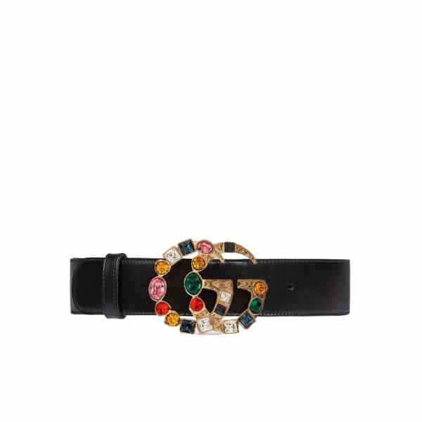 GUCCI LEATHER BELT WITH CRYSTAL DOUBLE G BUCKLE 513183 AP0IT 1093