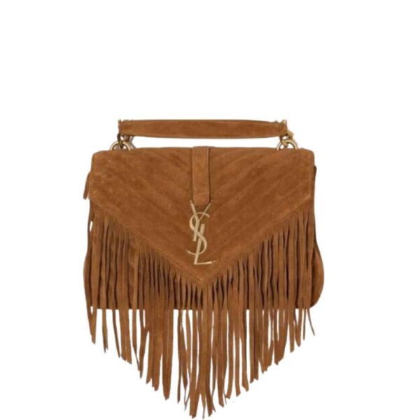 SAINT LAURENT COLLEGE MEDIUM FRINGED SUEDE SHOULDER BAG BROWN 24CM